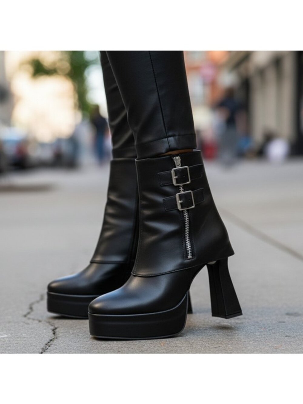 Retro Futuristic Double Buckle Zipper Pointed Toe Platform High Heel Ankle Boots